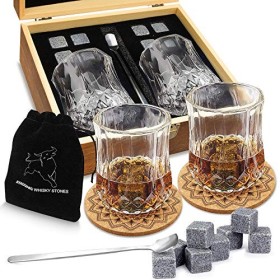 Ensemble de Verres à Whisky - Coffret Cadeau Bois - 8 Glaçons en Pierre Réutilisables - Lot de 2 Verres Cristal à Bar pour Ho