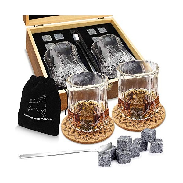 Ensemble de Verres à Whisky - Coffret Cadeau Bois - 8 Glaçons en Pierre Réutilisables - Lot de 2 Verres Cristal à Bar pour Ho