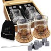 Ensemble de Verres à Whisky - Coffret Cadeau Bois - 8 Glaçons en Pierre Réutilisables - Lot de 2 Verres Cristal à Bar pour Ho
