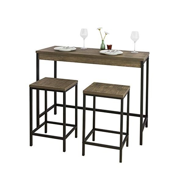 SoBuy OGT30-N Lot Table et Tabourets de Bar de Style Industriel, Ensemble Table de Bar avec 2 Tabourets, Table de Cuisine, Ta