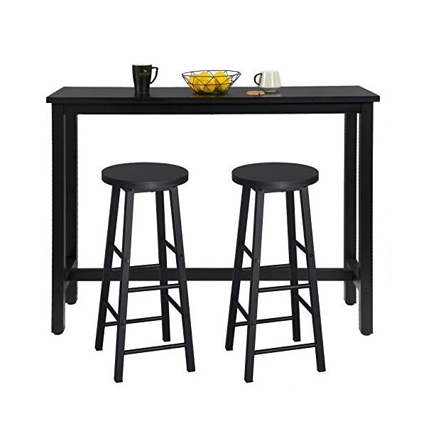 WOLTU 1 X Table de Bar + 2 X tabourets de Bar en MDF et métal Design Industriel 140x40x100cm,Noir BT30sz+BH130sz-2
