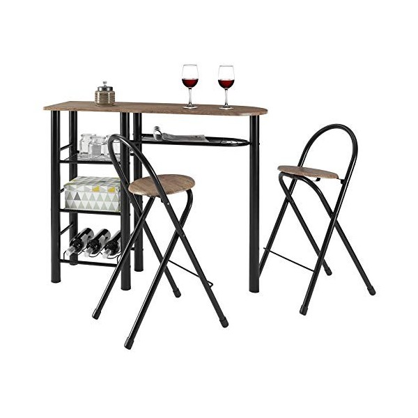 Ensemble STYLE avec table haute de bar mange-debout comptoir avec 3 étagères et 1 porte-bouteilles et 2 chaises/tabourets ave