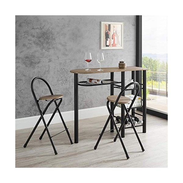 Ensemble STYLE avec table haute de bar mange-debout comptoir avec 3 étagères et 1 porte-bouteilles et 2 chaises/tabourets ave