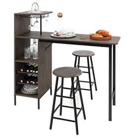 GOPLUS Ensemble Table de Bar et Tabourets 3 Pièces,Table Bistro avec Porte-Verres et Étagères, Table de Comptoir de Cuisine a