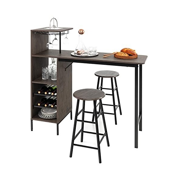 GOPLUS Ensemble Table de Bar et Tabourets 3 Pièces,Table Bistro avec Porte-Verres et Étagères, Table de Comptoir de Cuisine a