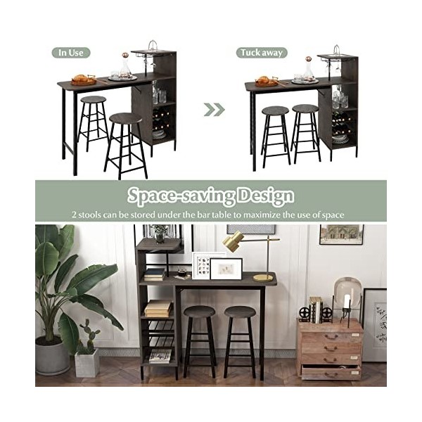 GOPLUS Ensemble Table de Bar et Tabourets 3 Pièces,Table Bistro avec Porte-Verres et Étagères, Table de Comptoir de Cuisine a