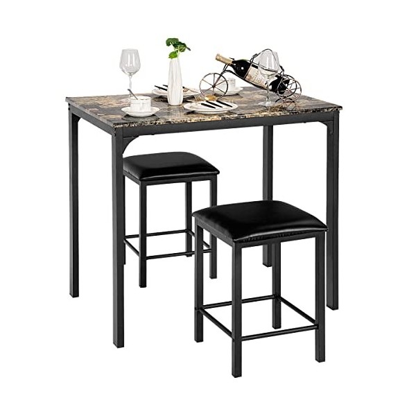 Giantex Table Haute de Cuisine & 2 Tabourets, Ensemble 3 Pcs de Salle à Manger pour 2 Personnes, Table Bar Cuisine Moderne & 