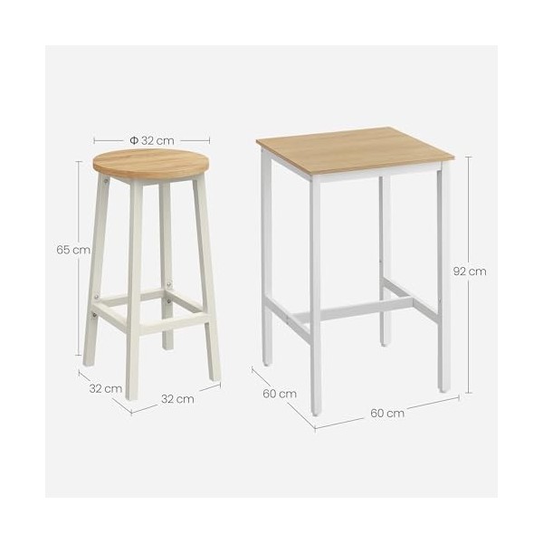 VASAGLE Ensemble Table Haute avec 2 Tabourets de Bar, Table de Bar Carrée, Table de Cuisine, Chaises de Bar, Chaise de Cuisin