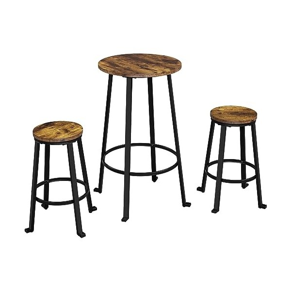 Yaheetech Ensemble Table de Bar Ronde avec 2 Tabourets Industriels Table de Salle à Manger avec 2 Chaises Hauts en Bois et Mé