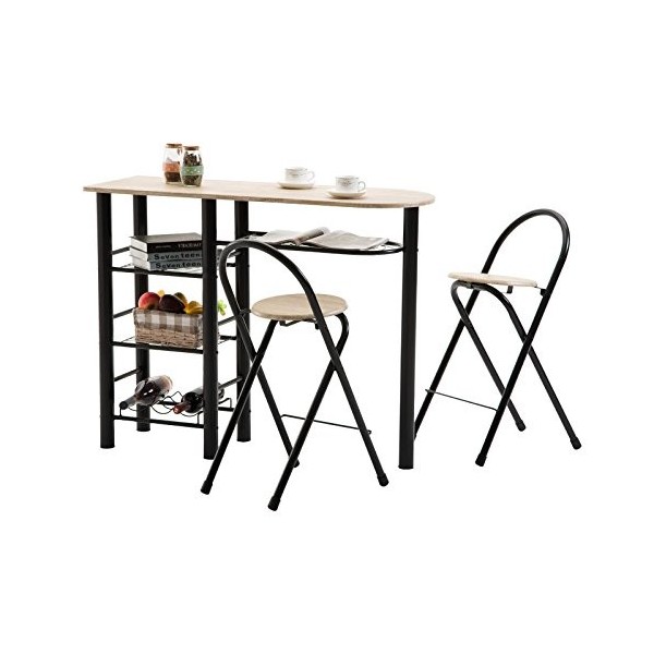 Ensemble STYLE avec table haute de bar mange-debout comptoir avec 3 étagères et 1 porte-bouteilles et 2 chaises/tabourets ave