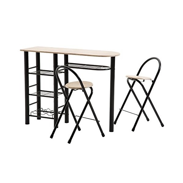 Ensemble STYLE avec table haute de bar mange-debout comptoir avec 3 étagères et 1 porte-bouteilles et 2 chaises/tabourets ave