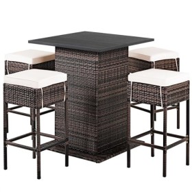 GIANTEX Ensemble de bar extérieur en rotin 5 pièces, table et 4 tabourets hauts de bar avec 2 compartiments et coussins amovi