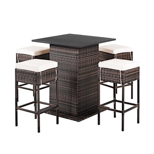 GIANTEX Ensemble de bar extérieur en rotin 5 pièces, table et 4 tabourets hauts de bar avec 2 compartiments et coussins amovi