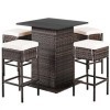 GIANTEX Ensemble de bar extérieur en rotin 5 pièces, table et 4 tabourets hauts de bar avec 2 compartiments et coussins amovi