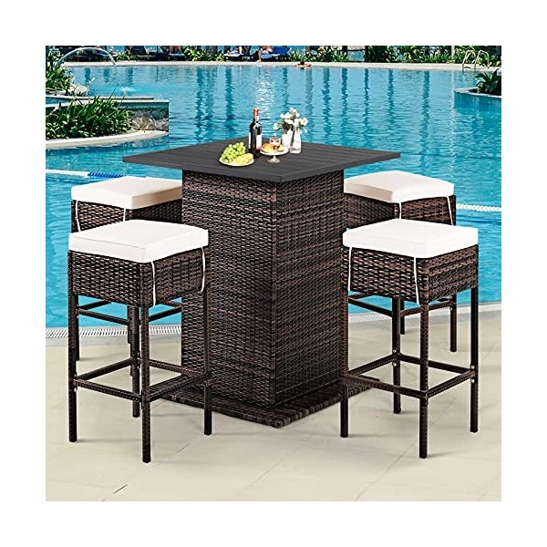 GIANTEX Ensemble de bar extérieur en rotin 5 pièces, table et 4 tabourets hauts de bar avec 2 compartiments et coussins amovi