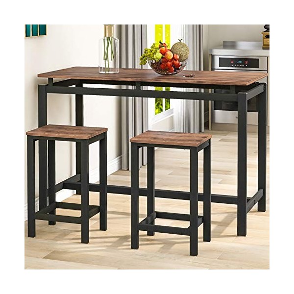Mobilier de bar 3 pièces - Table de cuisine et 2 tabourets - avec cadre en métal pour cuisine, salle à manger, bar marron