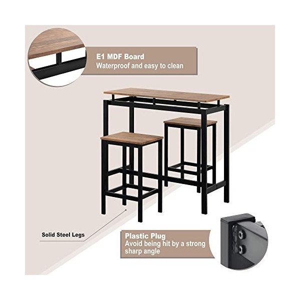 Mobilier de bar 3 pièces - Table de cuisine et 2 tabourets - avec cadre en métal pour cuisine, salle à manger, bar marron