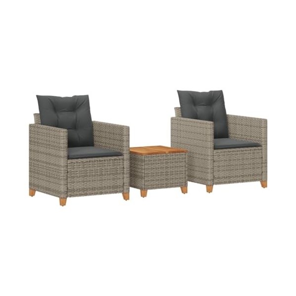 vidaXL Ensemble de Bistro 3 pcs et Coussins Gris résine tressée Acacia