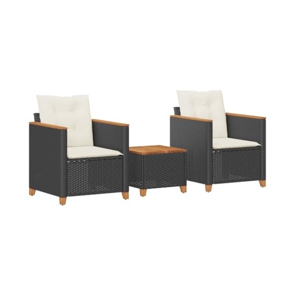vidaXL Ensemble de Bistro 3 pcs et Coussins Noir résine tressée Acacia