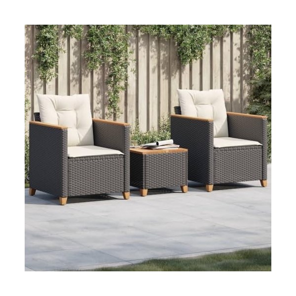 vidaXL Ensemble de Bistro 3 pcs et Coussins Noir résine tressée Acacia