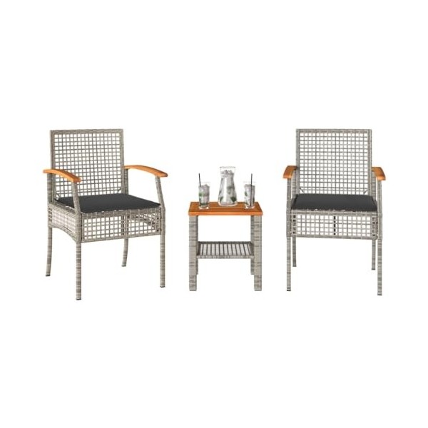 vidaXL Ensemble de Bistro 3 pcs et Coussins Gris résine tressée Acacia
