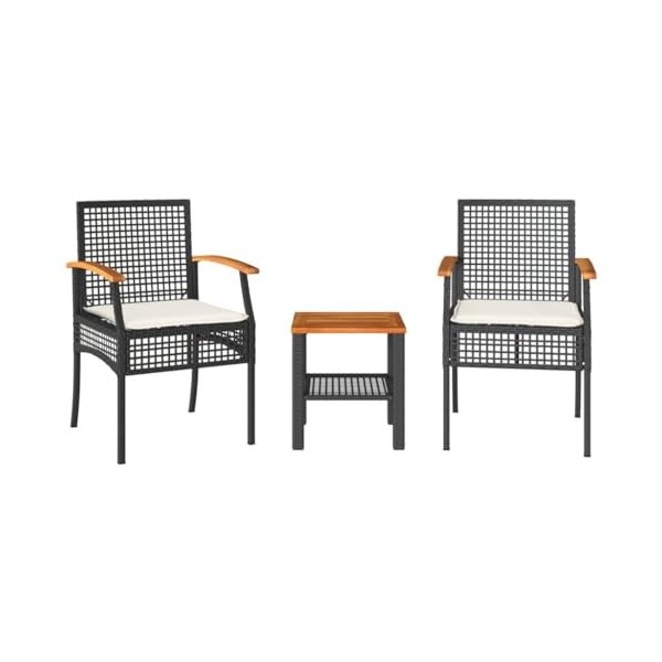 vidaXL Ensemble de Bistro 3 pcs et Coussins Noir résine tressée Acacia