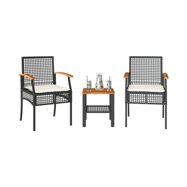 vidaXL Ensemble de Bistro 3 pcs et Coussins Noir résine tressée Acacia