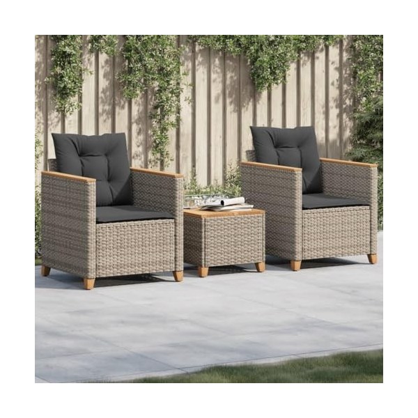 vidaXL Ensemble de Bistro 3 pcs et Coussins Gris résine tressée Acacia