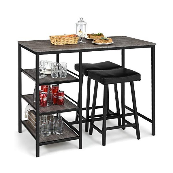 Giantex Ensemble table de salle à manger 3 pièces, table et chaises de bar, 3 étagères de rangement, table de cuisine, table