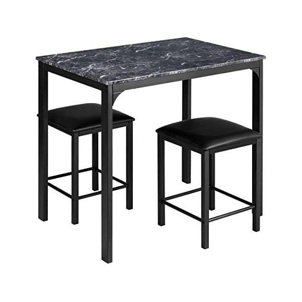 HOMASIS Table haute, table bar avec 2 tabourets, table à manger en bois, tabourets de cuisine avec repose-pieds, set de 3 piè