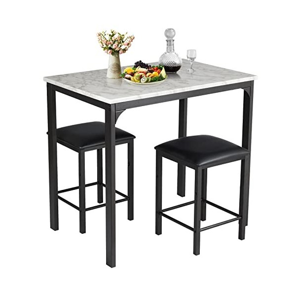 HOMASIS Table haute, table bar avec 2 tabourets, table à manger en bois, tabourets de cuisine avec repose-pieds, set de 3 piè