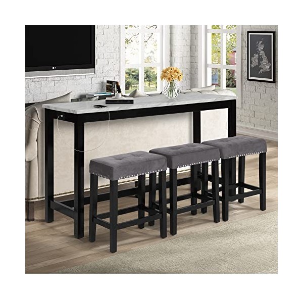 New Classic Furniture Celeste Ensemble table de théâtre imitation marbre et 3 tabourets de bar Gris