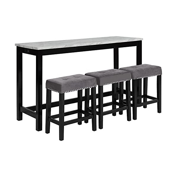 New Classic Furniture Celeste Ensemble table de théâtre imitation marbre et 3 tabourets de bar Gris