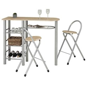 Ensemble STYLE avec table haute de bar mange-debout comptoir avec 3 étagères et 1 porte-bouteilles et 2 chaises/tabourets ave