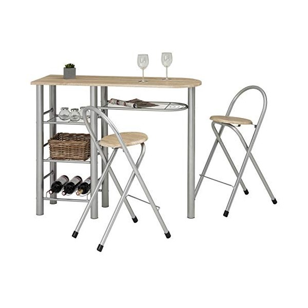 Ensemble STYLE avec table haute de bar mange-debout comptoir avec 3 étagères et 1 porte-bouteilles et 2 chaises/tabourets ave