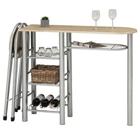 Ensemble STYLE avec table haute de bar mange-debout comptoir avec 3 étagères et 1 porte-bouteilles et 2 chaises/tabourets ave