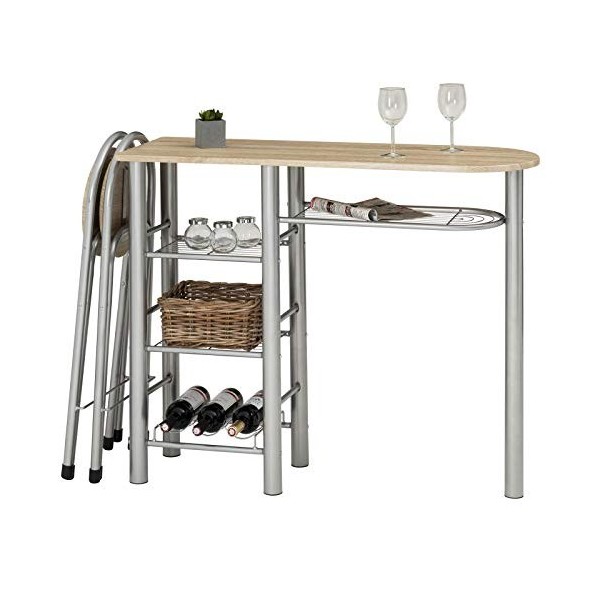 Ensemble STYLE avec table haute de bar mange-debout comptoir avec 3 étagères et 1 porte-bouteilles et 2 chaises/tabourets ave