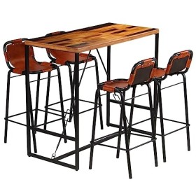 Générique Ensemble de Bar 5 pcs Bois Massif recyclé et Cuir de chèvreMeubles,Ensembles de Meubles,Meubles de Salle à Manger