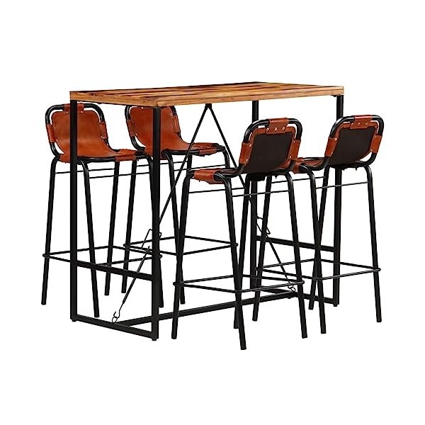 Générique Ensemble de Bar 5 pcs Bois Massif recyclé et Cuir de chèvreMeubles,Ensembles de Meubles,Meubles de Salle à Manger