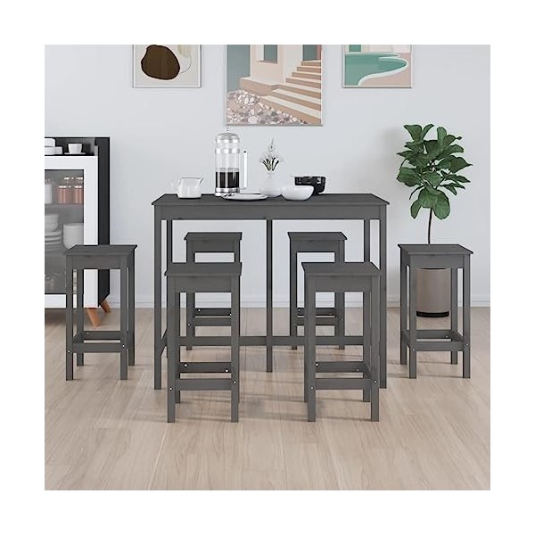 Ensemble de Bar 7 pcs Gris Bois de pin massifMeubles,Ensembles de Meubles,Meubles de Salle à Manger