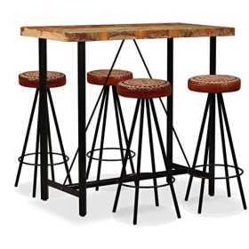 Générique Ensemble de Bar 5 pcs Bois de récupération Cuir véritable et toileMeubles,Ensembles de Meubles,Meubles de Salle à M
