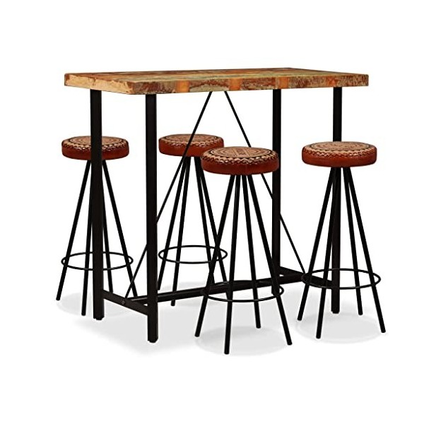Générique Ensemble de Bar 5 pcs Bois de récupération Cuir véritable et toileMeubles,Ensembles de Meubles,Meubles de Salle à M