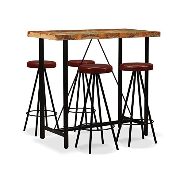 Générique Ensemble de Bar 5 pcs Bois Massif recyclé et Cuir véritableMeubles,Ensembles de Meubles,Meubles de Salle à Manger