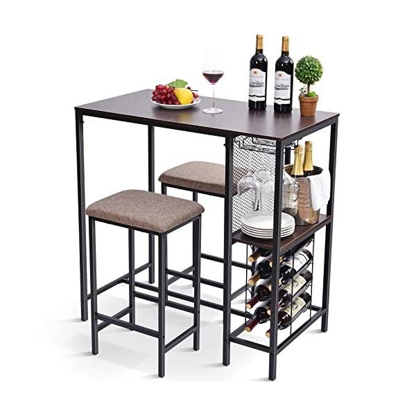 TOOLF Ensemble table de salle à manger, table de bar et chaises avec étagère à vin, table de salle à manger 3 pièces avec éta