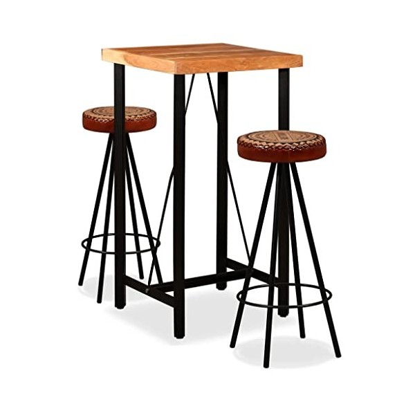 Générique Ensemble de Bar 3 pcs Bois dacacia Cuir véritable et toileMeubles,Ensembles de Meubles,Meubles de Salle à Manger