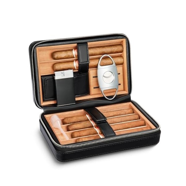 LEACHOI Cave à cigares, Étui à cigares, Cuir Portable de Voyage en Bois de cèdre Cave à cigares avec Humidificateur, Accessoi