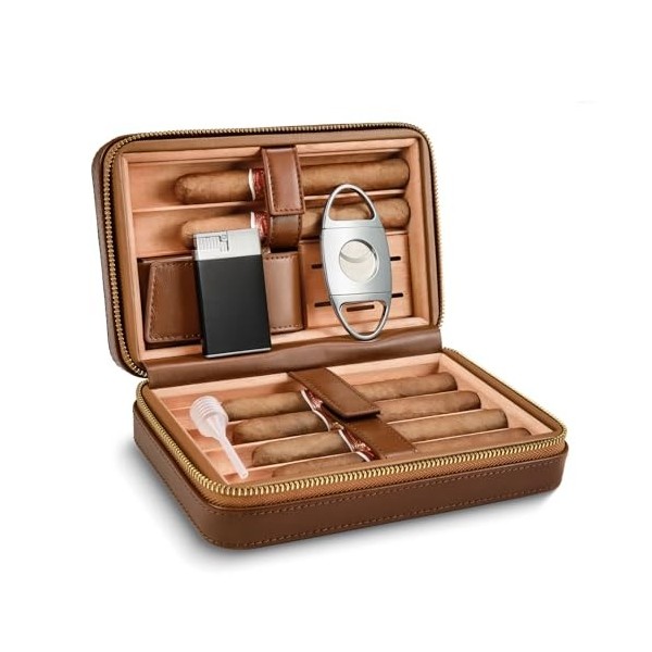 LEACHOI Cave à cigares, Étui à cigares, Cuir Portable de Voyage en Bois de cèdre Cave à cigares avec Humidificateur, Accessoi