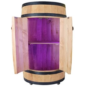 weeco Tonneau en bois avec 4 roues, portes et éclairage USB RVB. Étagère en bois de hêtre solide et renforts en métal - Armoi