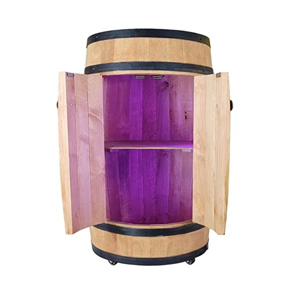 weeco Tonneau en bois avec 4 roues, portes et éclairage USB RVB. Étagère en bois de hêtre solide et renforts en métal - Armoi