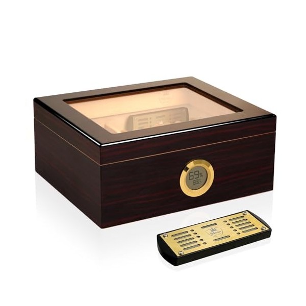 Slege Cave à Cigares Artisanale, Cave Cigare,Hygromètre Numérique,Haut Transparent Boîte à Cigare Cèdre Espagnol,avec Séparat